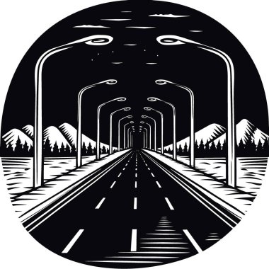 Karanlık gecede boş bir otoyol gizemli ve dramatik bir atmosfer yaratıyor. Yapay zeka üretildi. Vektör simgesi