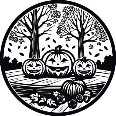 Kabaklı ahşap masa. Yaprak. ve güz ağaçları sonbahar arkaplanı. Yapay zeka üretildi. Vektör simgesi