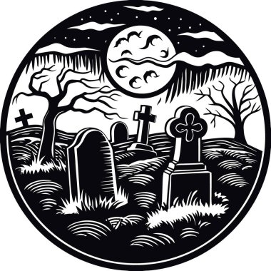 Ürkütücü. Dolunay altında harap olmuş bir mezarlık. Hareket eden gölgelerle. Yapay zeka üretildi. Vektör simgesi