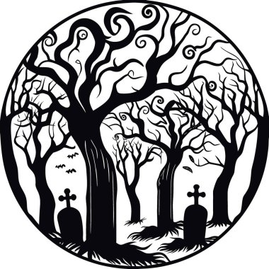 Çarpık ağaç siluetleri yapay zekanın yarattığı sisli bir mezarlığı kucaklıyor. Vektör simgesi