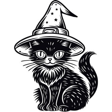 Cadı şapkalı bir cadılar bayramı kara kedisi. Şirin ve ürkütücü. Beyaz arka planda izole edilmiş. Yapay zeka üretildi. Vektör simgesi