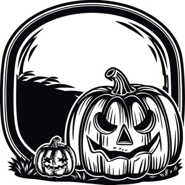 Cadılar Bayramı balkabağı. Çerçeve Düz çizgi ve mesaj için yer. turuncu ve siyah. Korkutucu ve sevimli bir gülümseme. Yapay zeka üretildi. Vektör simgesi