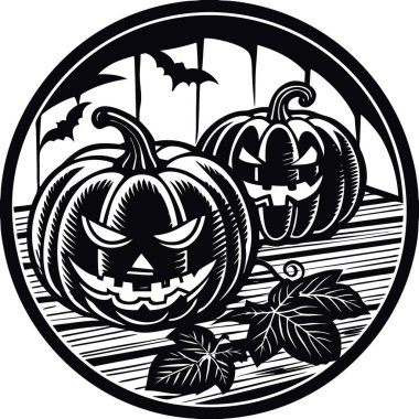 Cadılar Bayramı arka planı. Balkabakları ve ahşap arka planda düşmüş yapraklar. Korkunç cadılar bayramı balkabağı. Yapay zeka üretildi. Vektör simgesi