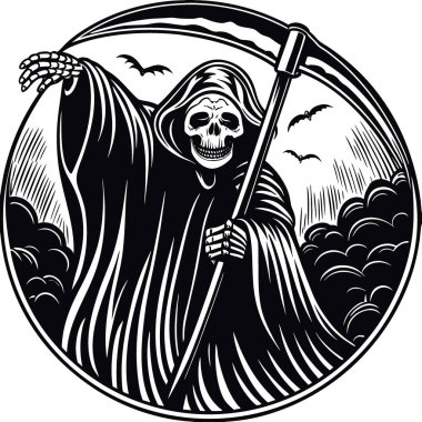 Cadılar Bayramı. Karanlık çöktüğünde ölüm meleği kameraya doğru uzanıyor. Kopyalama alanı olan sisli bir arkaplan. Yapay zeka üretildi. Vektör simgesi