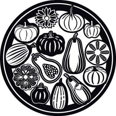 Yatay Kabak ve Kabak Varyasyonları Genel Görünümü - On Dark veya On Horizontal Knolling. Yapay zeka üretildi. Vektör simgesi