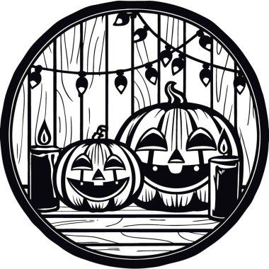 Sonbahar ve cadılar bayramı temalı kaba ahşap balkabakları. Işıklar. ve mumlar. Yapay zeka üretildi. Vektör simgesi