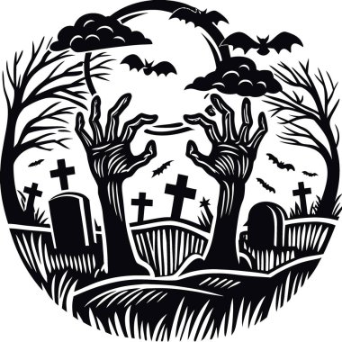 Mezarlıkta yükselen bir zombi eli. Ay ışığı gecesi. Ürkütücü cadılar bayramı geçmişi. Cadılar Bayramı için. Yapay zeka üretildi. Vektör simgesi