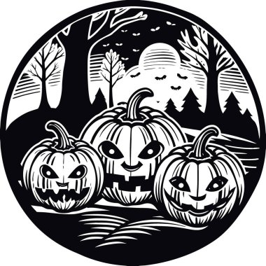 Geceleri ormanda Cadılar Bayramı balkabakları. Şeytani Balkabağı ile Cadılar Bayramı geçmişi. Ürkütücü derecede korkutucu. Yapay zeka üretildi. Vektör simgesi