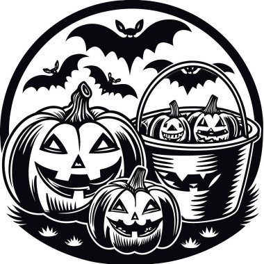 Cadılar Bayramı 'nda Balkabaklarıyla Yat. Jack-O-Lantern Kovaları. Ve izole edilmiş turuncu arka planda yarasalar. Yapay zeka üretildi. Vektör simgesi