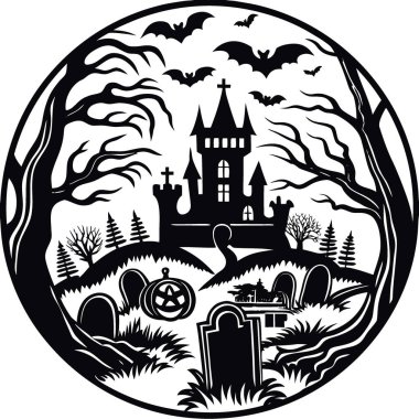 Cadılar Bayramı şatosunun arka bahçesinde hayaletli bir şato. Ağaçlar, mezarlar ve dolu. Yapay zeka üretildi. Vektör simgesi