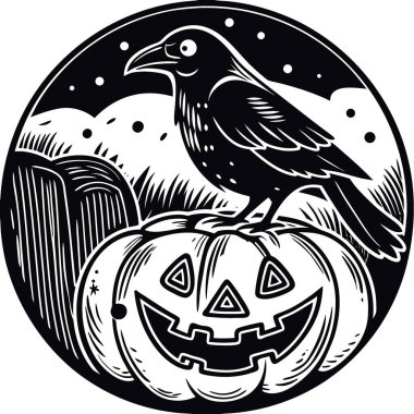 Bu tuhaf karga resmi bir kriko-fenerin tepesine tünemiş cadılar bayramı ruhunu yakalıyor. Yapay zeka üretildi. Vektör simgesi