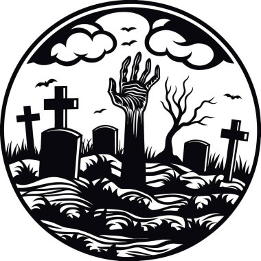 Bir mezarlıkta yerden çıkan bir zombinin üç boyutlu görüntüsü. Mezar taşlarıyla. Sis. Ve bir karanlık. Ürkütücü. Yapay zeka üretildi. Vektör simgesi