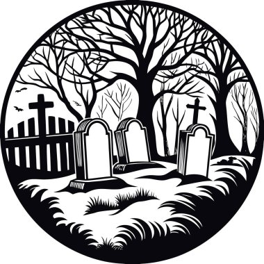 Eski mezar taşları arasında sis olan ürkütücü bir Cadılar Bayramı mezarlığı sahnesi. Çıplak ağaçlar. Ve tüyler ürpertici. Yapay zeka üretildi. Vektör simgesi