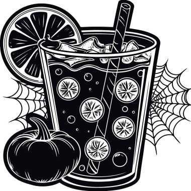 Cadılar Bayramı için dekorlu kokteyl. Dekorlu bir bardakta lezzetli portakal kokteyli. Yapay zeka üretildi. Vektör simgesi