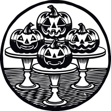 Pastel mor kaidede oyulmuş balkabaklarının yer aldığı Cadılar Bayramı temalı bir gösteri. Kuşatılmış. Yapay zeka üretildi. Vektör simgesi