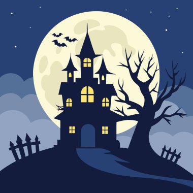 Cadılar Bayramı gecesi arka planında perili bir ev silueti var. Dolunay ve ürkütücü ağaçlar. Yapay zeka üretildi. Vektör simgesi