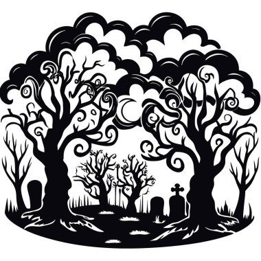 Ürkütücü ağaçlarla korkunç bir arka plan ve gece görüşlü bulutlu bir ortam. Yapay zeka üretildi. Vektör simgesi