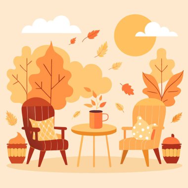 Sonbahar Kaçışı Davetlisi. Rahat bir terasta iki hasır sandalye var. Çiçekler açıyor. Ve dumanı üstünde. Yapay zeka üretildi. Vektör simgesi