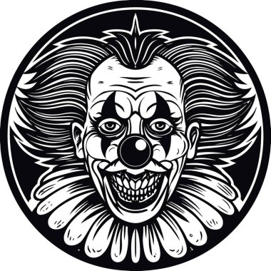 Korkunç görünümlü manyak katil palyaço portresi. Makyajlı ve büyük kırmızı burunlu, renkli. Yapay zeka üretildi. Vektör simgesi