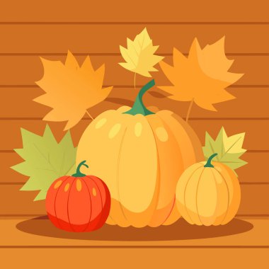 Ahşap arka planda balkabakları ve düşmüş yapraklar. Uzayı metin için kopyala. Cadılar Bayramı. Şükran Günü. Yapay zeka üretildi. Vektör simgesi