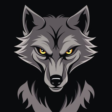 Korkutucu koyu gri kurt köpek lupus. Karanlıkta doğrudan göz teması kurup siyah bir kameraya bakıyor. Yapay zeka üretildi. Vektör simgesi