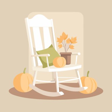 Yastıklı beyaz sallanan sandalye. Balkabağı. Ve bej dış döşemeye karşı verandada döşeme dikeni. Yapay zeka üretildi. Vektör simgesi