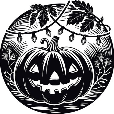 Cadılar Bayramı balkabağı, festival ışıklarının ve sonbahar yapraklarının arasında sıcacık bir şekilde parlıyordu. yaratıyor. Yapay zeka üretildi. Vektör simgesi