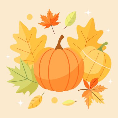 Sonbahar renkli yapraklar ve açık arkaplanda turuncu balkabakları. Sonbahar yapraklı mevsim şablonu. Yapay zeka üretildi. Vektör simgesi