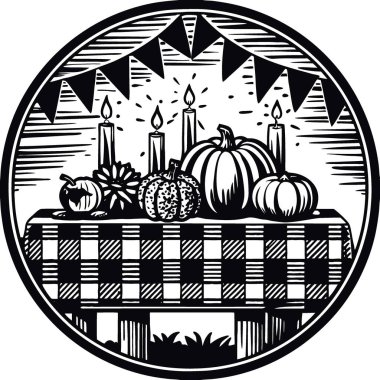 Güzel boş ahşap kırsal masa şükran günü bayram dekorasyon ürünleri. içecek... yapay zeka üretildi. Vektör simgesi