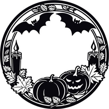 Yarasalı kara cadılar bayramı çerçevesi. Mumlar. Balkabağı ve yaprak. Turuncu arka plan. Uzayı kopyala Düz. Yapay zeka üretildi. Vektör simgesi