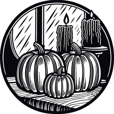 Turuncu ve gri balkabaklarının yer aldığı ev dekorasyonuyla ılık bir sonbahar ortamı yaratın. Yapay zeka üretildi. Vektör simgesi