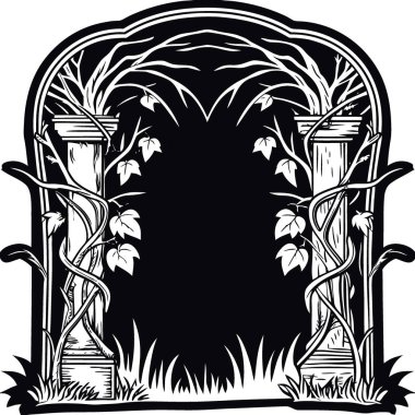 Kuru dallarla çerçevelenmiş koyu Gotik fantezi arka planı. Dikenler. Sarmaşık. Eskimiş siyah grunge arka planı. Yapay zeka üretildi. Vektör simgesi