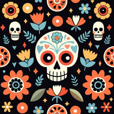 Meksika halk sanatı kafatasları ile kusursuz desen. Cadılar Bayramı dekoru. Çiçekler ve soyut şekiller. Siyah. Yapay zeka üretildi. Vektör simgesi