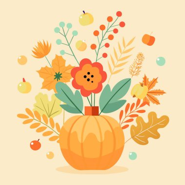 Sonbahar çiçekleri ve yapraklarla dolu balkabağı vazosu içeren mevsimlik sonbahar süslemeleri. Sonbahar yapay zeka üretildi. Vektör simgesi