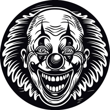 Korkunç bir gülümseme. Çılgın palyaço. Korkunç bir palyaçoya yakın çekim. Berbat bir palyaço gülüşü. Yapay zeka üretildi. Vektör simgesi