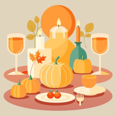Balkabaklarıyla süslenmiş güzel bir sonbahar sofrası. Zarif yemek takımı. ve cam süsleme.. yapay zeka üretildi. Vektör simgesi
