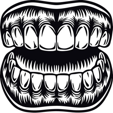 Keskin dişli beyaz vampir dişleri. Beyaz bir arka planda izole edilmiş. Cadılar Bayramı için ideal. Dehşet yapay zeka yarattı. Vektör simgesi