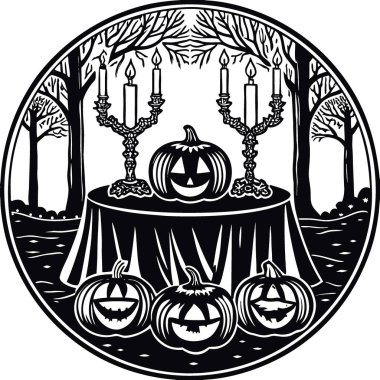 Balkabaklı, siyah ve altın cadılar bayramı yemeği masası. Mumlar. Ağaçlar ve diğer süsler. Yapay zeka üretildi. Vektör simgesi