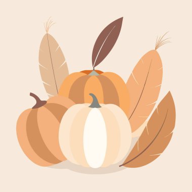 Pastel arka planda düzenlenmiş minimalist bej ve kahverengi balkabağı. Tüy ile tamamlanmış. Yapay zeka üretildi. Vektör simgesi