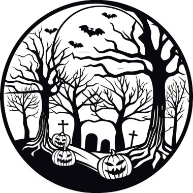 Korkunç mezarlık, kanlı kırmızı ay gecesinde hayalet ağaç siluetleri. Ürkütücü balkabakları ve çorak ağaçlar. Yapay zeka üretildi. Vektör simgesi