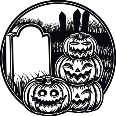 Boş bir mezar taşının yanına istiflenmiş balkabağı fenerleri. Ürkütücü bir çizgi film için özel bir mesaj alanı. Yapay zeka üretildi. Vektör simgesi