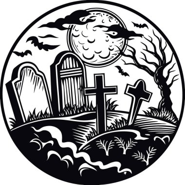 Dolunayla aydınlatılmış ürkütücü mezarlık sahnesi. Dökülen mezar taşlarının etrafında dönen ürkütücü sis. - Aynen. Yapay zeka üretildi. Vektör simgesi