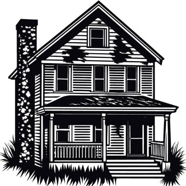 Verandası ve bacası olan köhne bir ev. Ev eski ve terk edilmiş. Sahne hüzünlü ve yalnız. Yapay zeka üretildi. Vektör simgesi