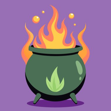 İçinden alevler fışkıran bir kazan. Cadılar Bayramı süslemeleri ya da cadı temalı tasarımlar için mükemmel. Yapay zeka üretildi. Vektör simgesi