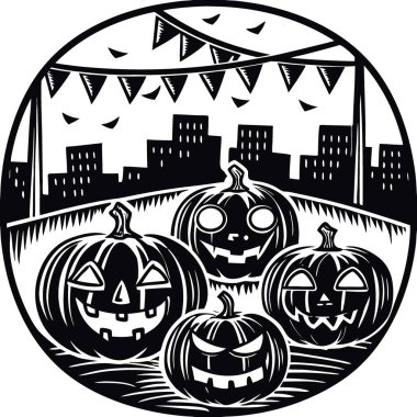 Tatil için şehrin parlayan balkabağı süslemeleri. Cadılar Bayramı. Özenle seçilmiş bir arka plan. Yapay zeka üretildi. Vektör simgesi