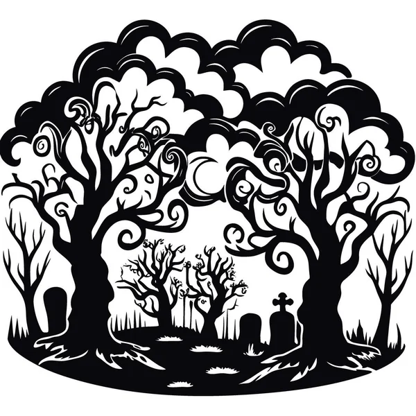 Ürkütücü ağaçlarla korkunç bir arka plan ve gece görüşlü bulutlu bir ortam. Yapay zeka üretildi. Vektör simgesi