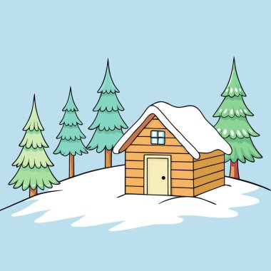 Güzel bir kış manzarası karla kaplı köknar ağaçları ve ortasında eski bir ahşap kulübe yapay zeka üretildi. Vektör simgesi