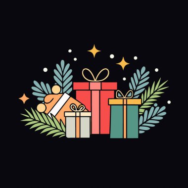 Yapay zekanın oluşturduğu siyah bir arkaplan ve çam dalları. Vektör simgesi