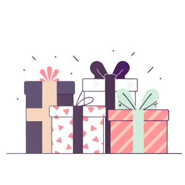 Yapay zekanın ürettiği beyaz bir yüzeye sarılı hediyeler. Vektör simgesi