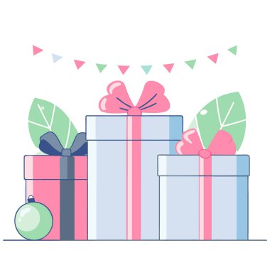 Bir sürü hediye paketi kırmızı kurdeleler ve yapay zekanın ürettiği yeşil süsler. Vektör simgesi